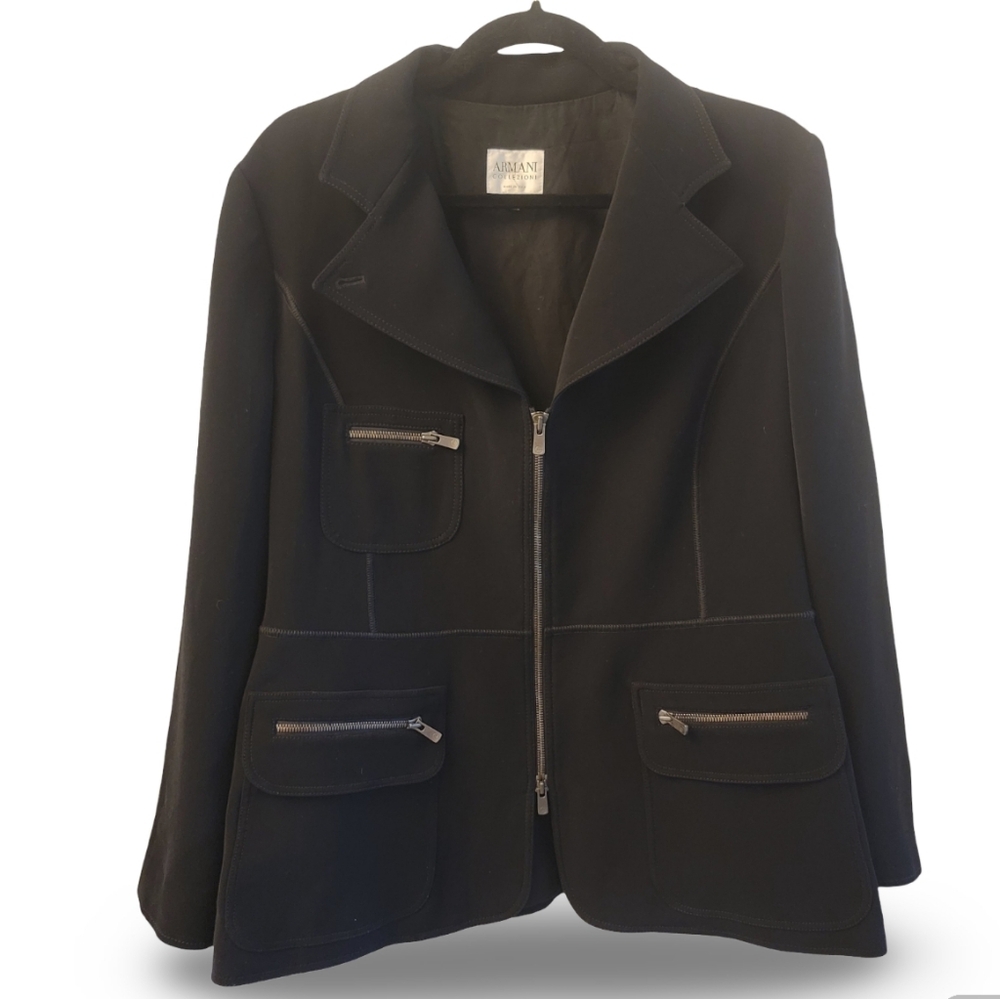 Armani Collezioni Black Zip-Front Notch Collar Blazer - Picture 1 of 8